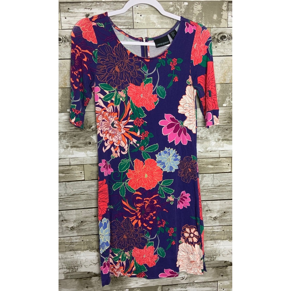 Cynthia Rowley Womens Purple Floral Pencil Dress Back Zip 3/4 Sleeve Size XS